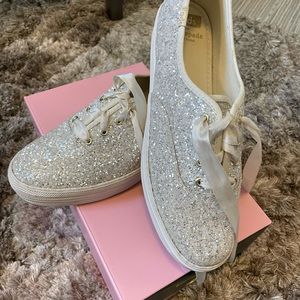 Keds Kate Spade platform cream ivory glitter sneakers bridal size 8.5 wedding